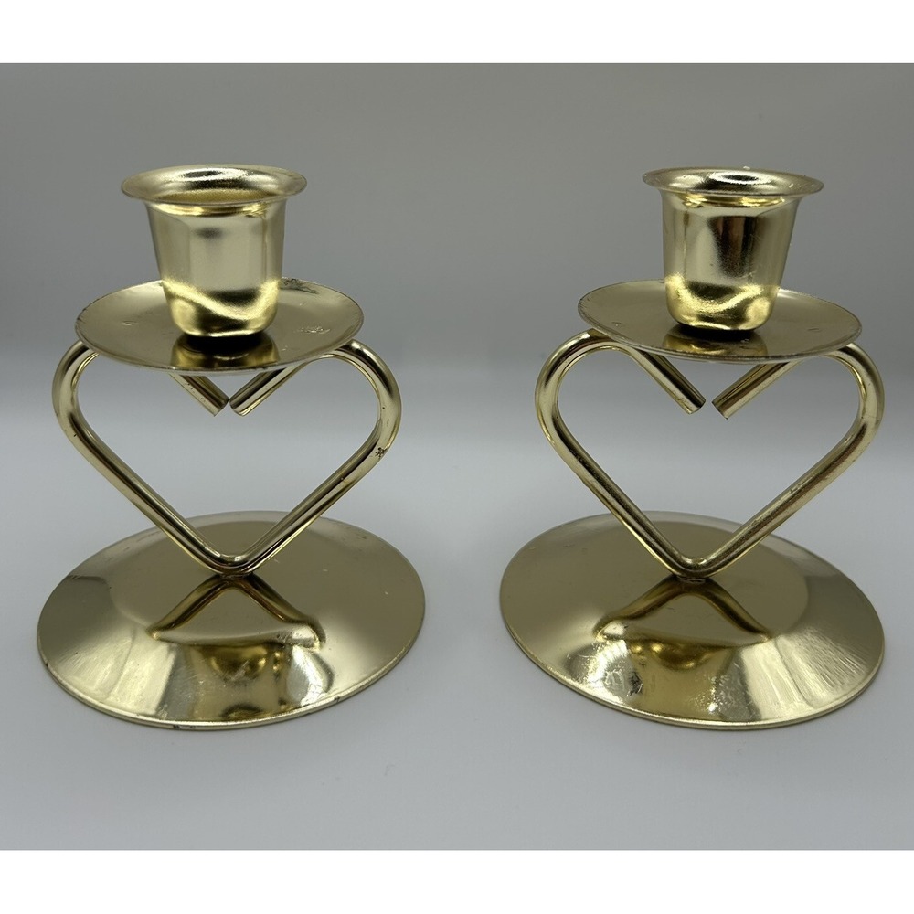 Metal Glow Gold Heart Design Candle Holders VTG Heart shaped Candle Sticks Set 2